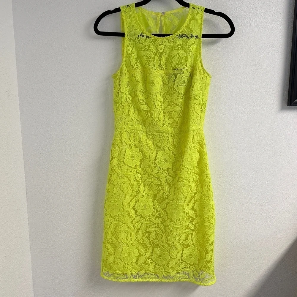 J. Crew Sleeveless Neon Chartreuse Lace Overlay Back Zip Dress Size 0